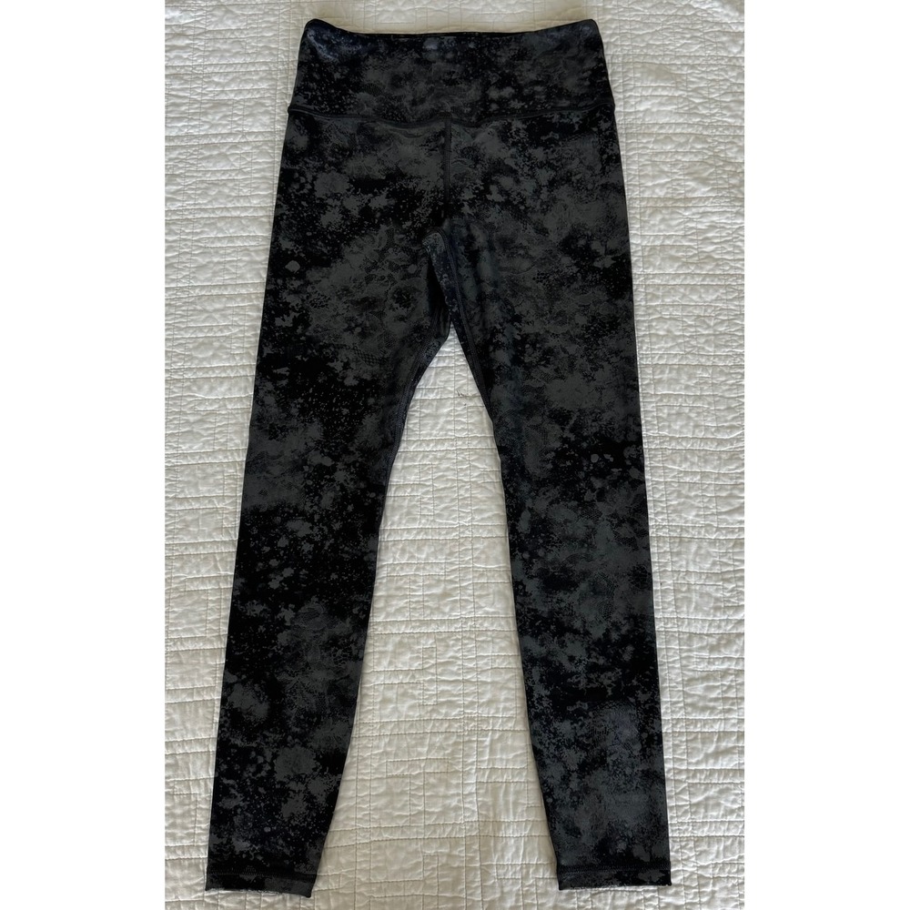 Athleta Elation Misty Lace Tight Leggings Black Metallic Silver Foil Small 25"
